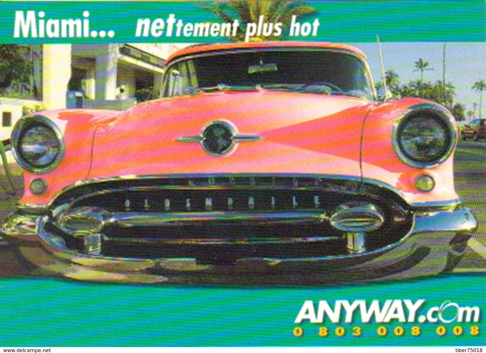 Carte Postale  "Cart'Com" (2000) - Anyway.com - Miami... Nettement Plus Hot (voiture Oldsmobile Rose) - Voitures De Tourisme