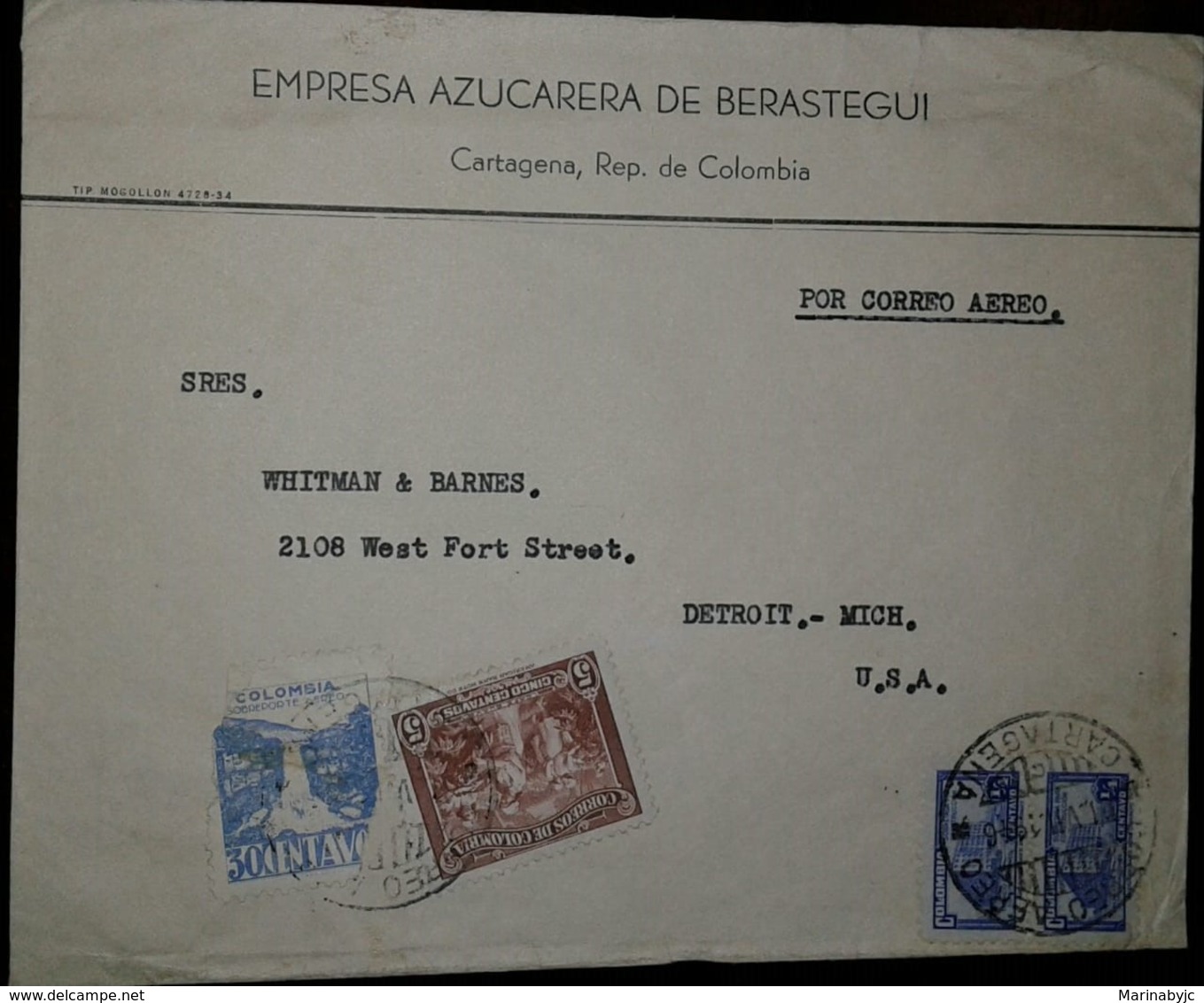 L) 1946 COLOMBIA, SOFT COFFEE, BROWN, 5C, 30C, BLUE, COMNMUNICATIONS PALACE, COMPANY AZUCARERA DE BERASTEGUI, AIRMAIL TO - Colombia