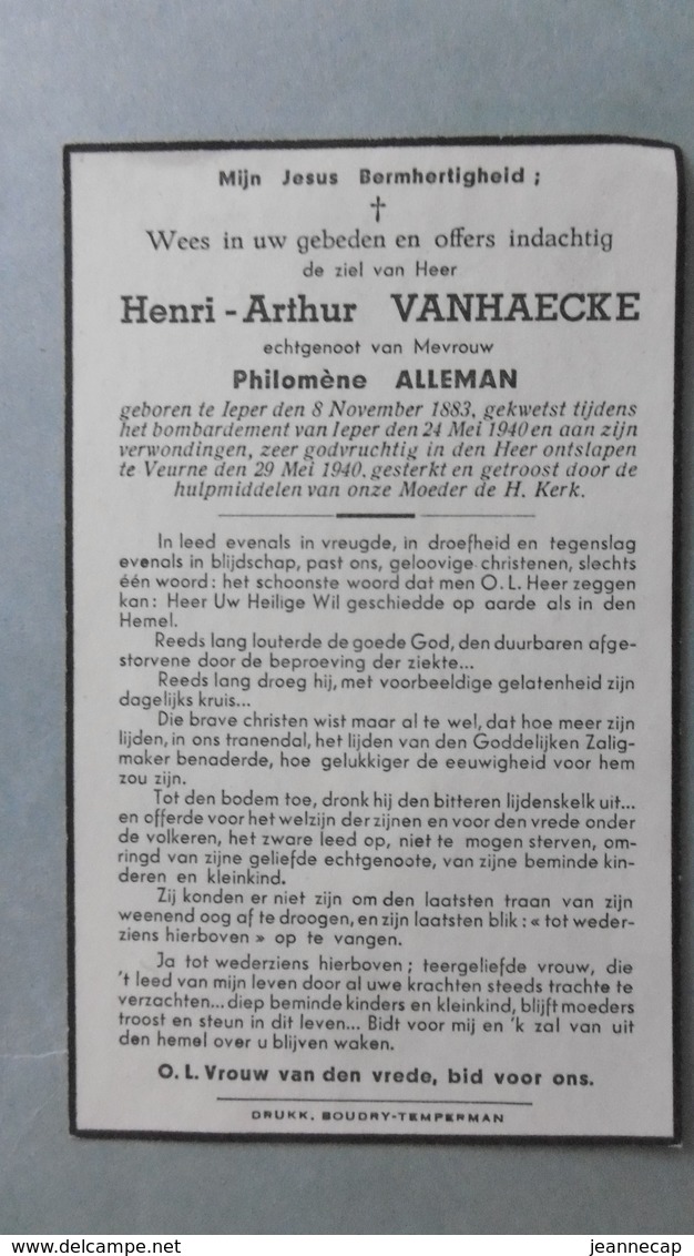 Bidprentje Henri-Arthur VANHAECKE °Ieper 1883  Bombardement Oorlog WO II 24/29-05-1940 X Philomen ALLEMAN - Religion & Esotérisme