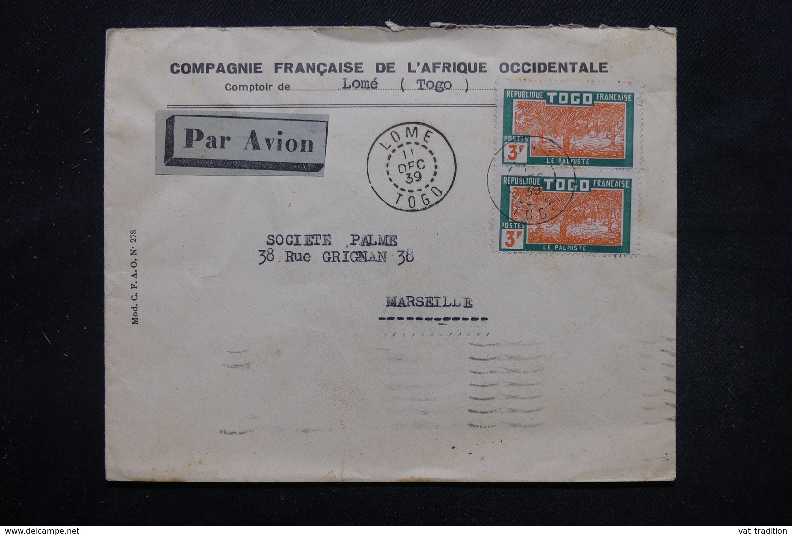 TOGO - Enveloppe Commerciale De Lomé Pour Marseille En 1939 , Affranchissement Plaisant , Contrôle Postal - L 27823 - Storia Postale