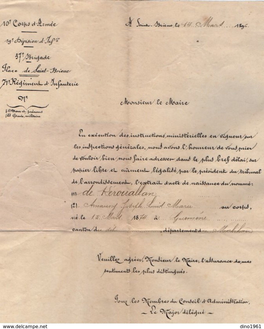 VP14.658 - MILITARIA - SAINT - BRIEUC 1896 - Lettre Mr Le Major Du 71 ème Rgt D'Infanterie à Mr Le Maire De GUEMENE - Documenten