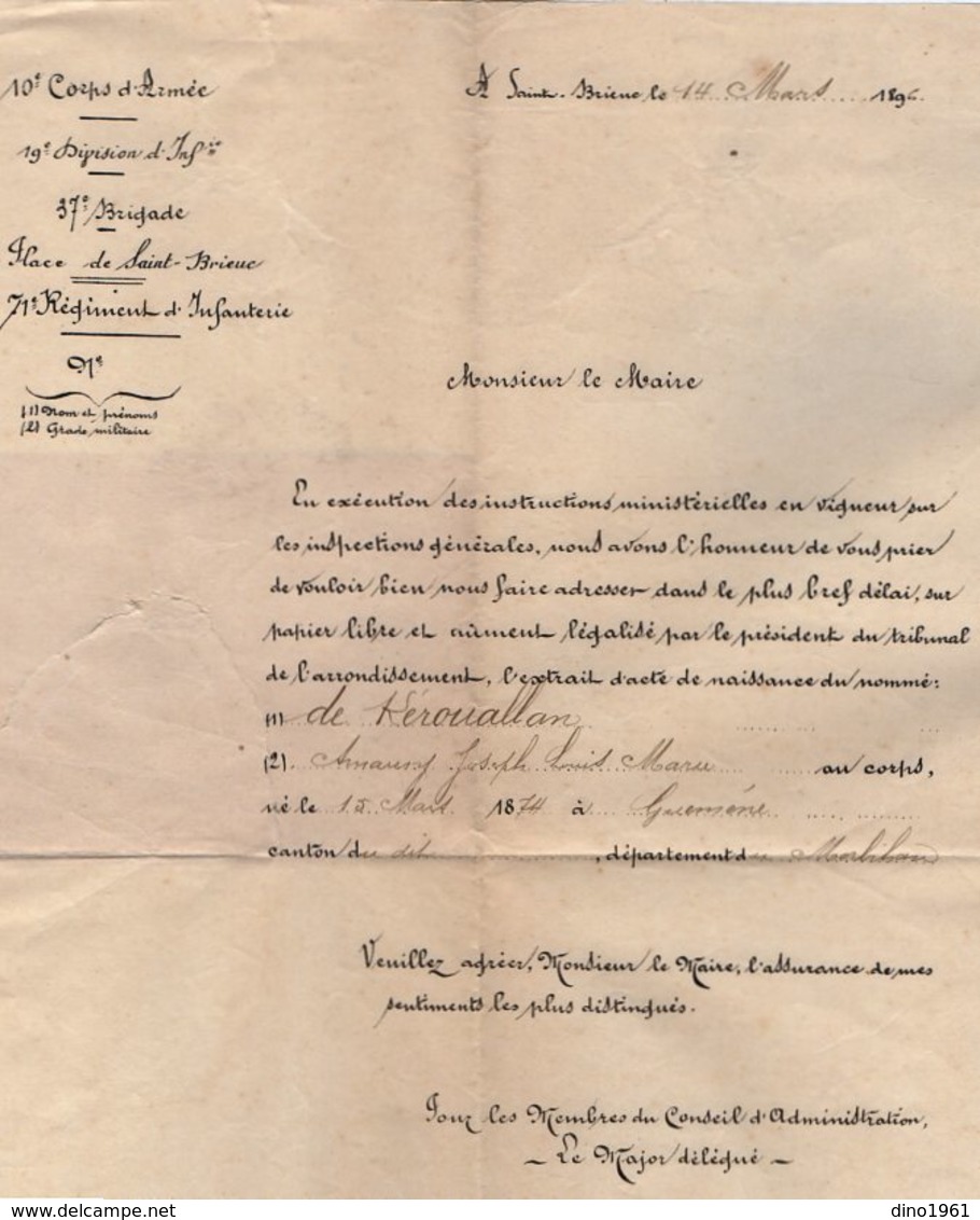 VP14.658 - MILITARIA - SAINT - BRIEUC 1896 - Lettre Mr Le Major Du 71 ème Rgt D'Infanterie à Mr Le Maire De GUEMENE - Documenti