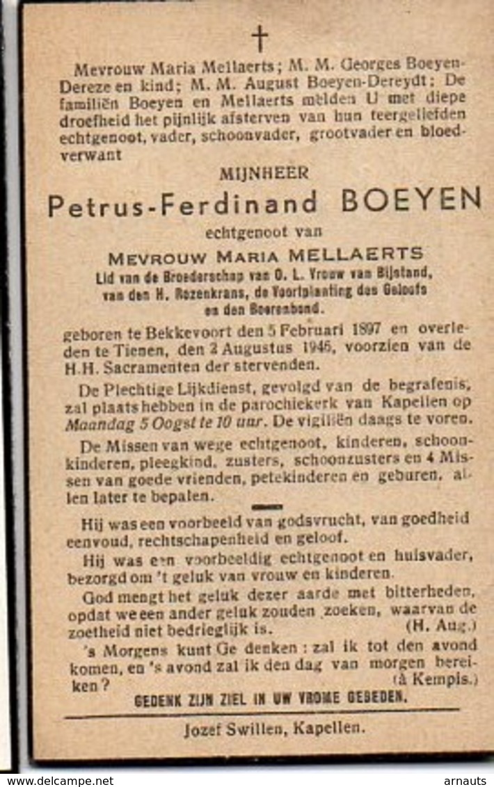 Doodsprentje Petrus Ferdiand Boeyen Echtg Mellaerts °1897 Bekkevoort +1946 TIenen Kapellen Dereze Dereydt Boerenbond - Décès