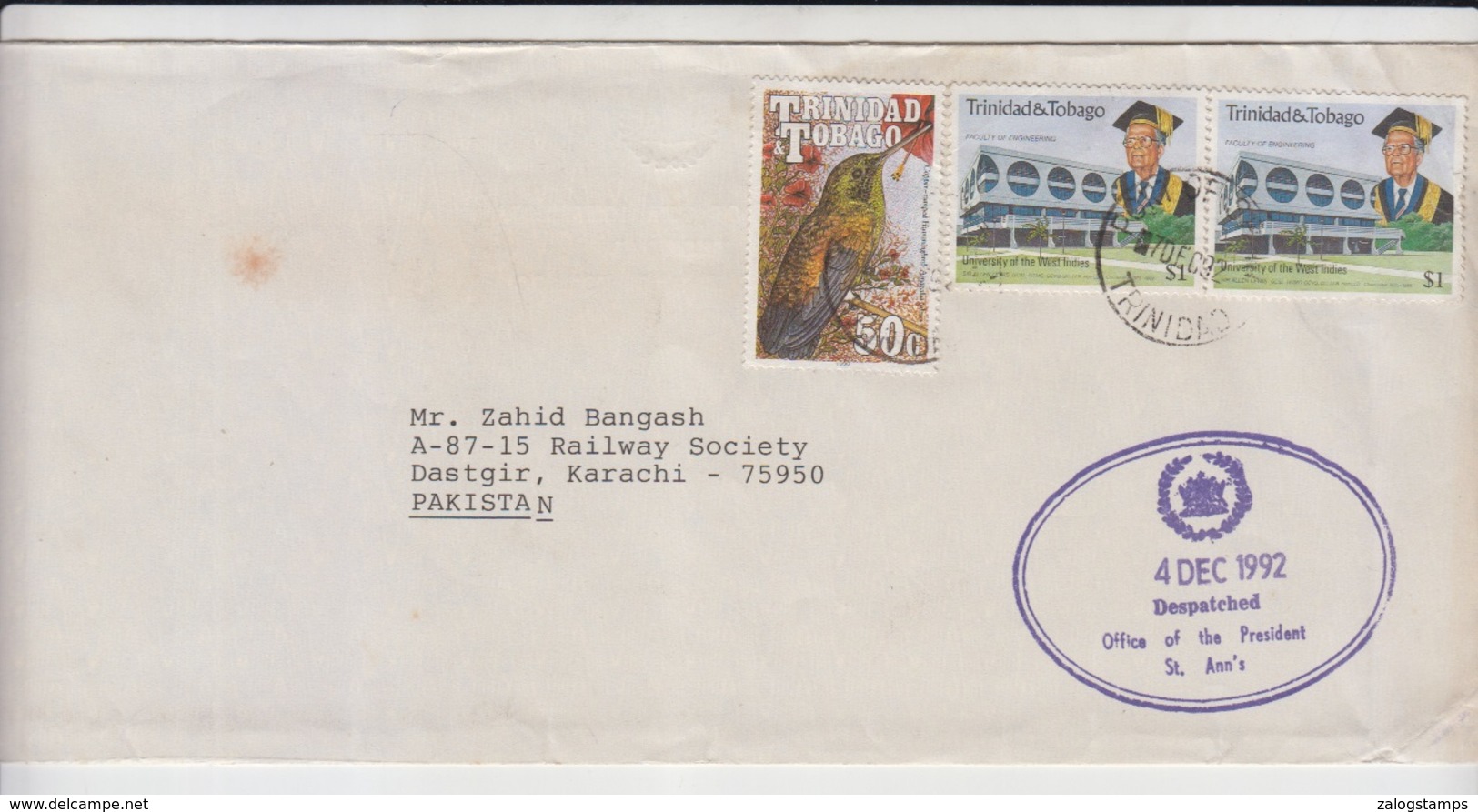 President Of Trinidad & Tobago And Principe Cover To Pakistan    (RED-4000-special-4) - Trinidad Y Tobago (1962-...)