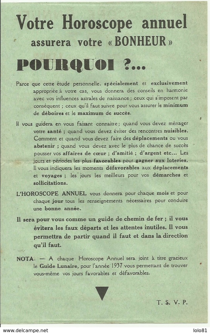 Superbe Lettre Et Bon De Commande Horoscope Annuel Du Professeur Hammon 1936 - Non Classificati