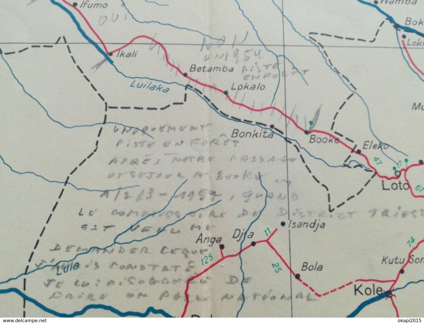 VIEILLE CARTE ROUTIÈRE DU CONGO BELGE ET DU RUANDA - URUNDI  CHEMINS DE FER LIGNES D AVIATION KATANGA COLONIE BELGIQUE