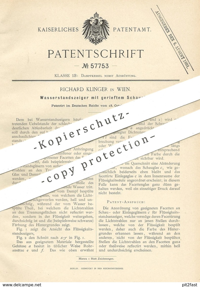 Original Patent - Richard Klinger , Wien , Österreich  1890 , Wasserstandsanzeiger | Dampfkessel , Wasserkessel , Kessel - Historische Dokumente