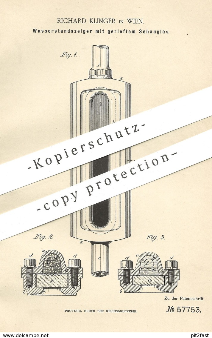 Original Patent - Richard Klinger , Wien , Österreich  1890 , Wasserstandsanzeiger | Dampfkessel , Wasserkessel , Kessel - Historische Dokumente