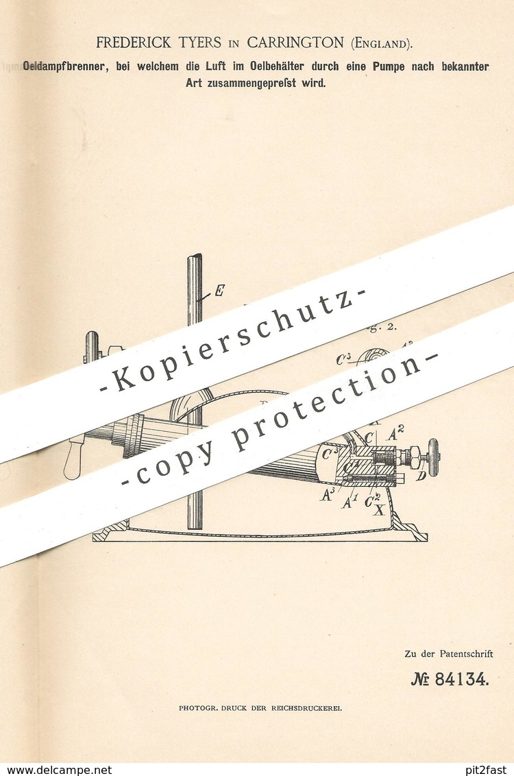 Original Patent - Frederick Tyers , Carrington , England , 1894 , Öldampfbrenner | Öl - Dampfbrenner | Brenner , Licht ! - Historische Dokumente