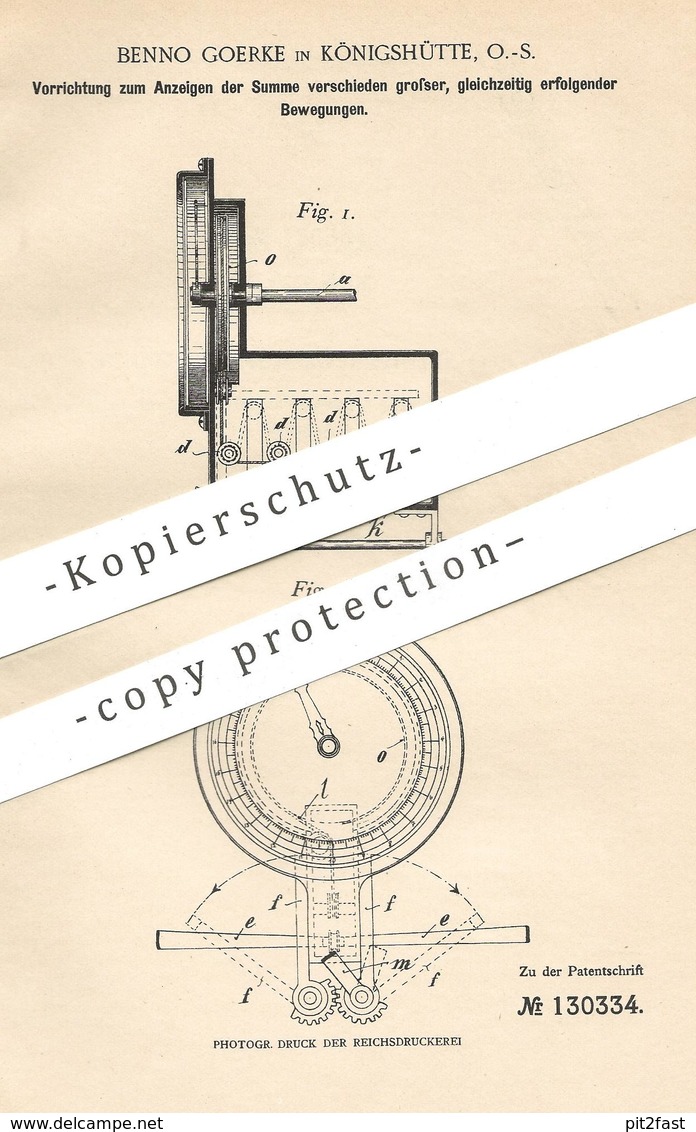 Original Patent - Benno Goerke , Königshütte , Schlesien | 1901 | Anzeige | Zählwerk , Zeigerwelle | Waage , Gewicht !! - Historische Dokumente