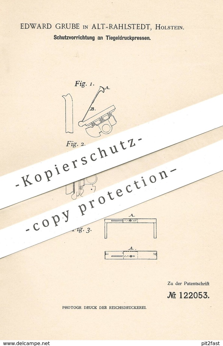 Original Patent - Edward Grube , Alt Rahlstedt , Holstein , 1900 , Schutz An Tiegelpresse | Presse , Pressen | Druck !!! - Historische Dokumente