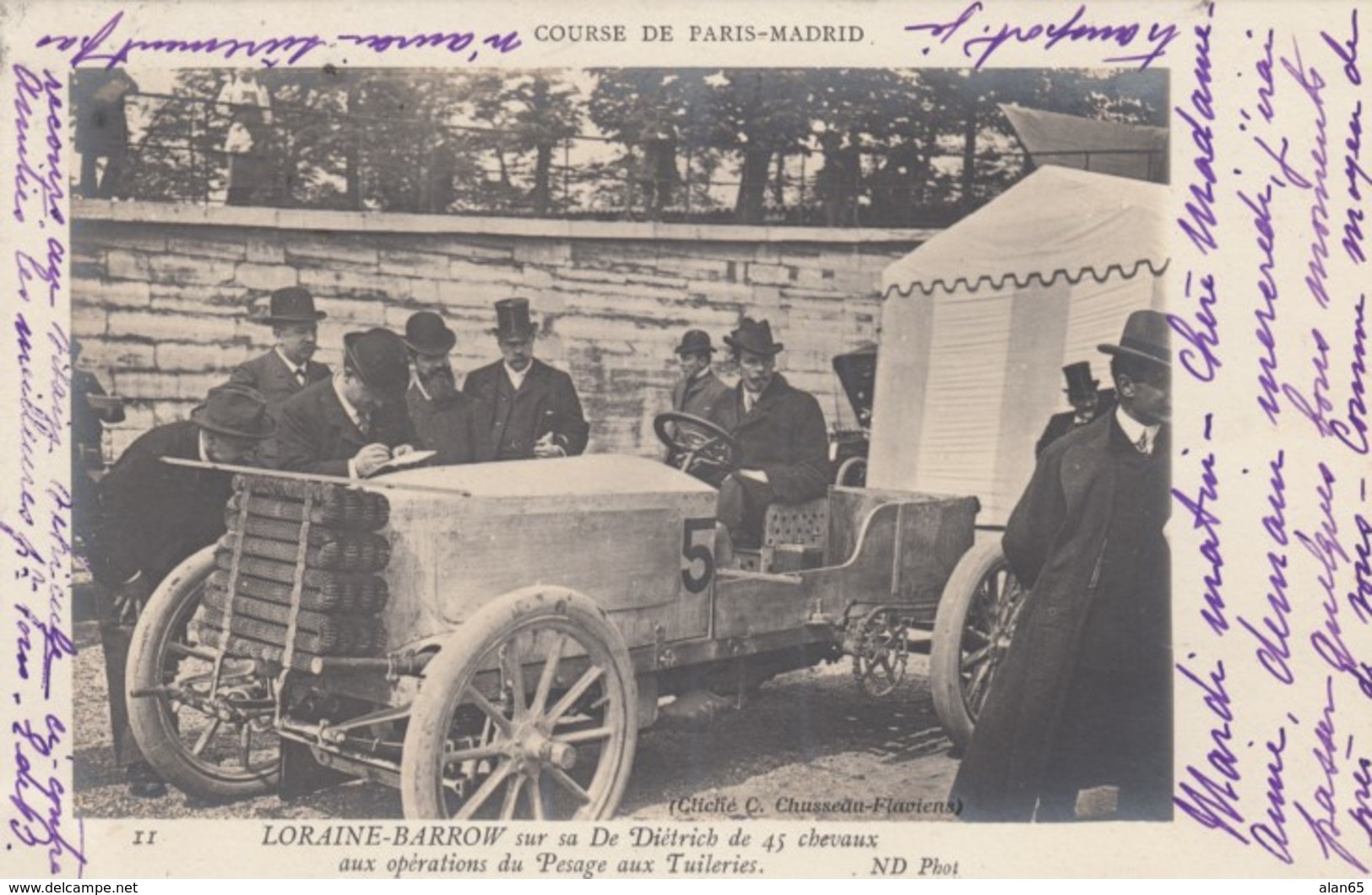 Course De Paris-Madrid Loraine-Barrow In 'Dietrich' 45 Hp, 'Pesae Aux Tuileries', C1900 Vintage Postcard - Rally Racing