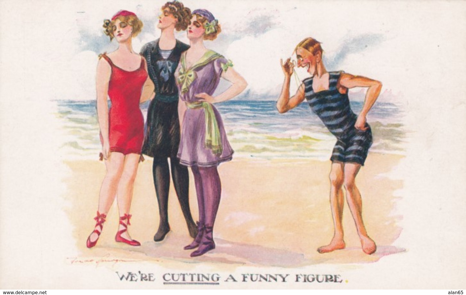 Unknown Artist Signed Image 'We're Cutting A Funny Figure' Seaside Series #134, C1910s Vintage Postcard - Other & Unclassified