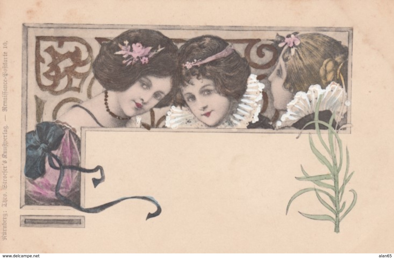 Unknown Artist Image Three Beautiful Women, Art Nouveau Theme Design, C1900s Vintage Postcard - 1900-1949