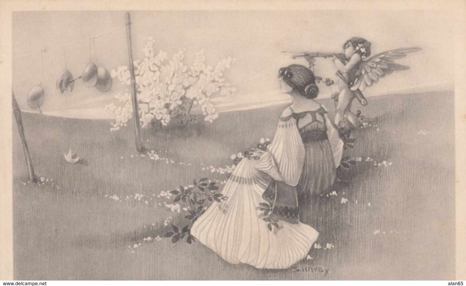 Havey(?) Signed Artist Image Beautiful Woman Cherub Shoots At Eggs, C1900s/10s Vintage Postcard - Other & Unclassified
