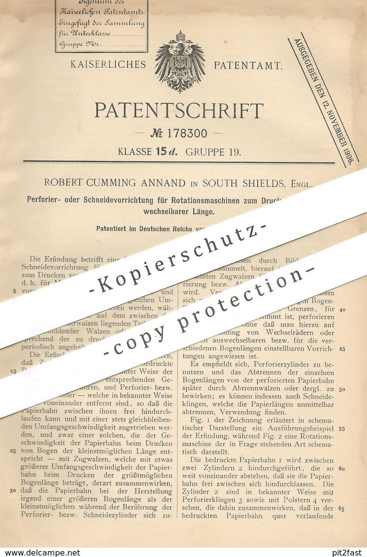 Original Patent - Robert Cumming Annand , South Shields , England , 1905 , Papier - Druckmaschine | Perforieren !! - Historische Dokumente