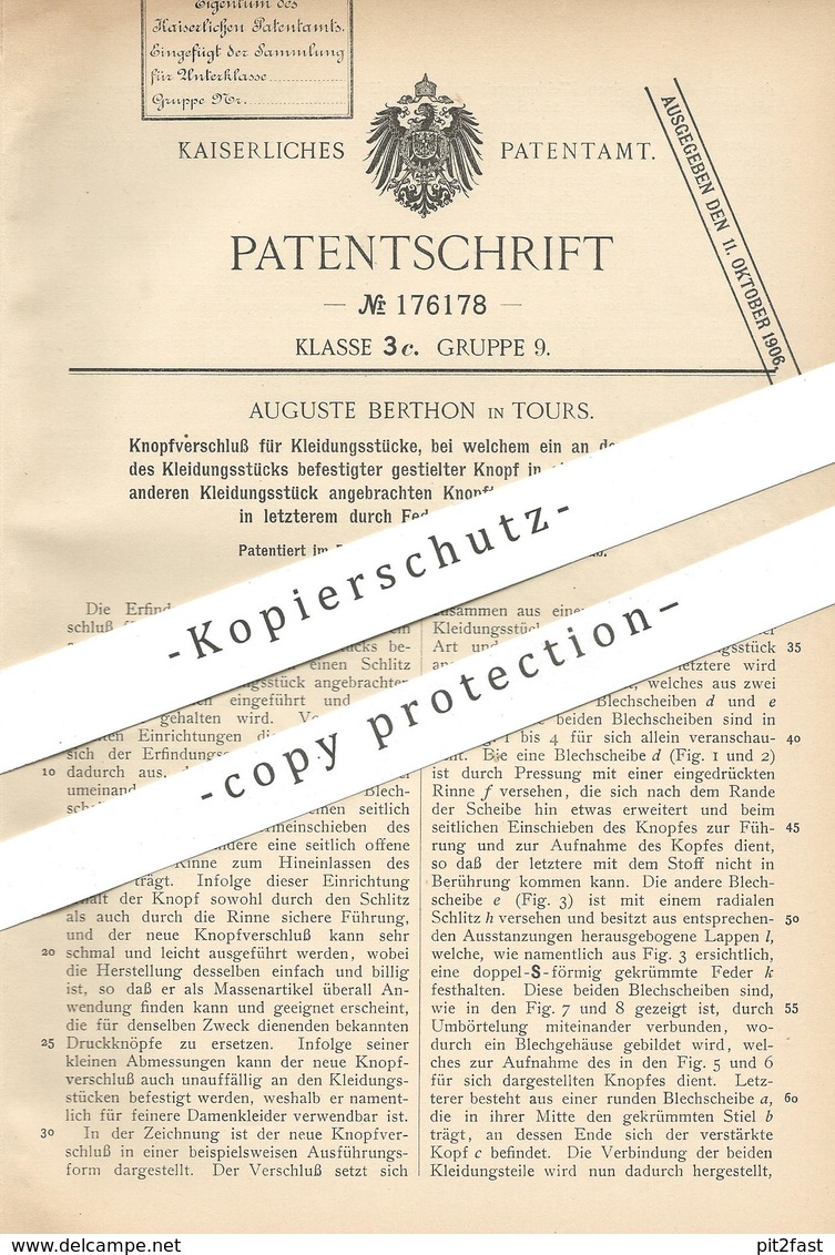 Original Patent - Auguste Berthon , Tours , 1905 , Knopfverschluss Für Kleidung | Knopf , Knöpfe , Schneider , Mode !!! - Historische Dokumente