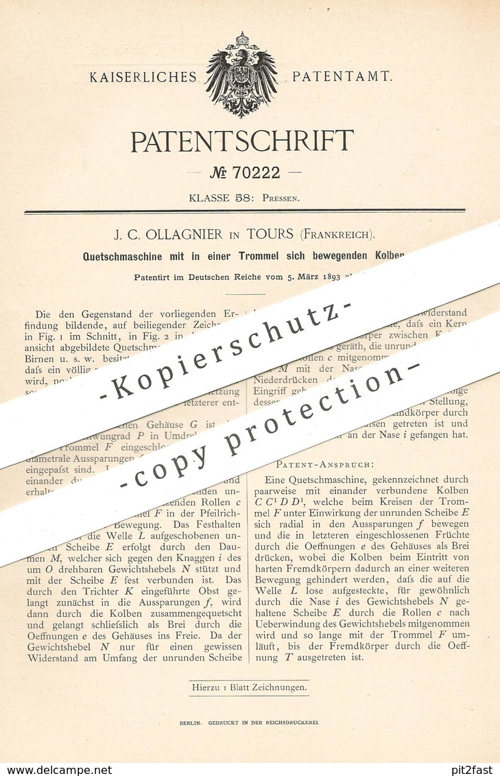 Original Patent - J. C. Ollagnier , Tours , Frankreich , 1893 , Quetschmaschine Für Obst | Presse , Mosterei | Gärtner - Historische Dokumente