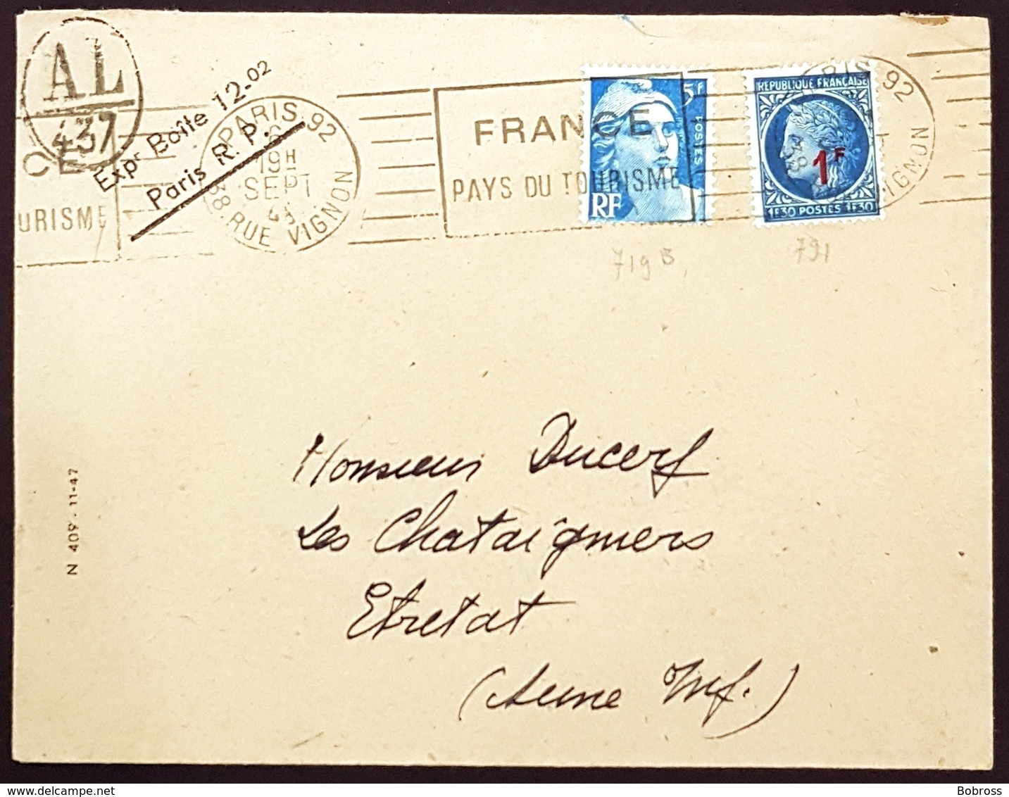 1948 Cover, Enveloppe De Paris Pour Etretat, France, Republique Française - Lettres & Documents