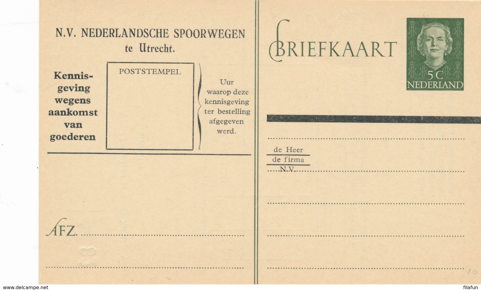 Nederland - 1952 - 5 Cent Juliana En-face - Spoorwegbriefkaart - Postwaardestukken