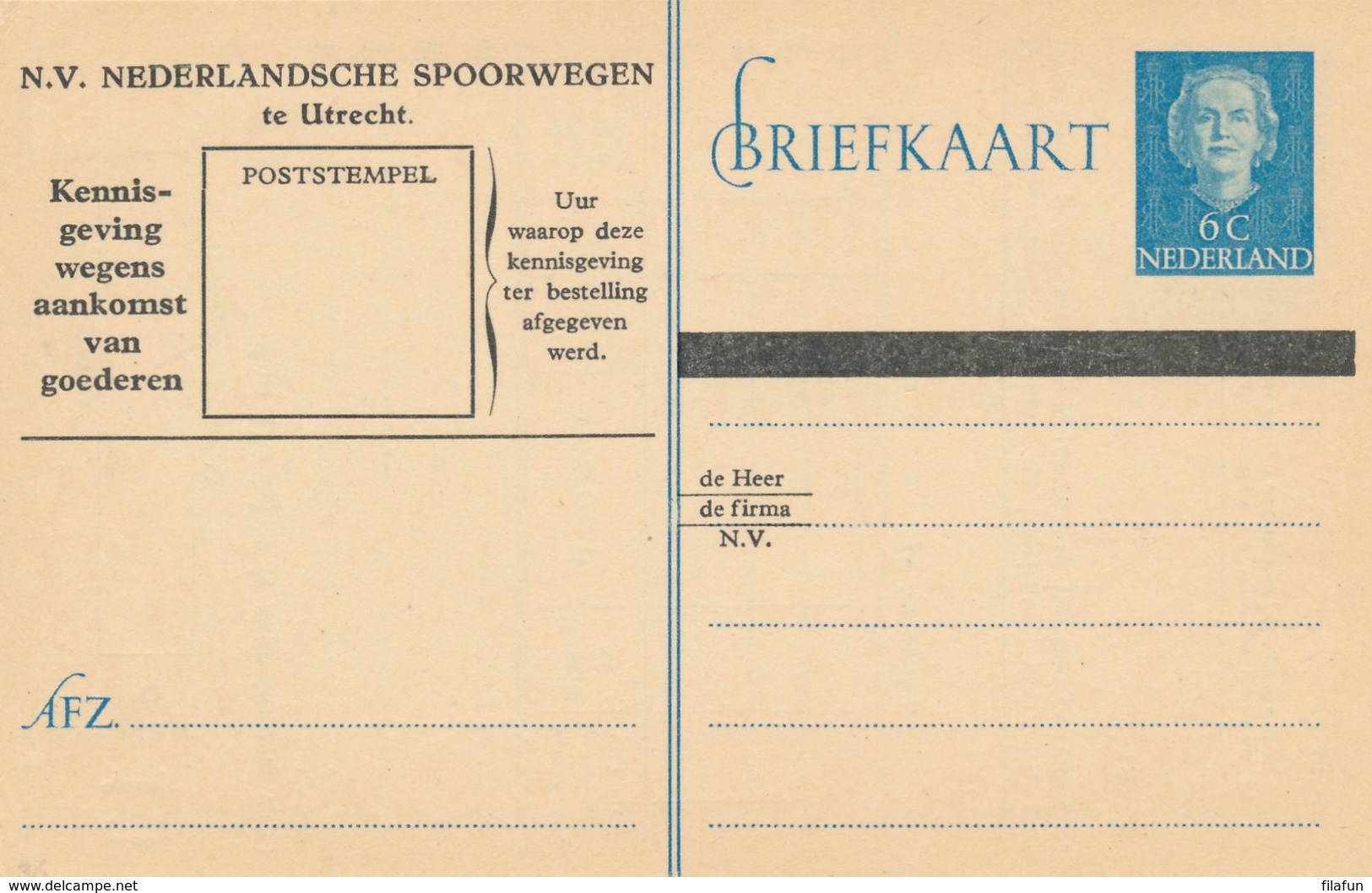 Nederland - 1949 - 6 Cent Juliana En-face - Spoorwegbriefkaart - Postwaardestukken