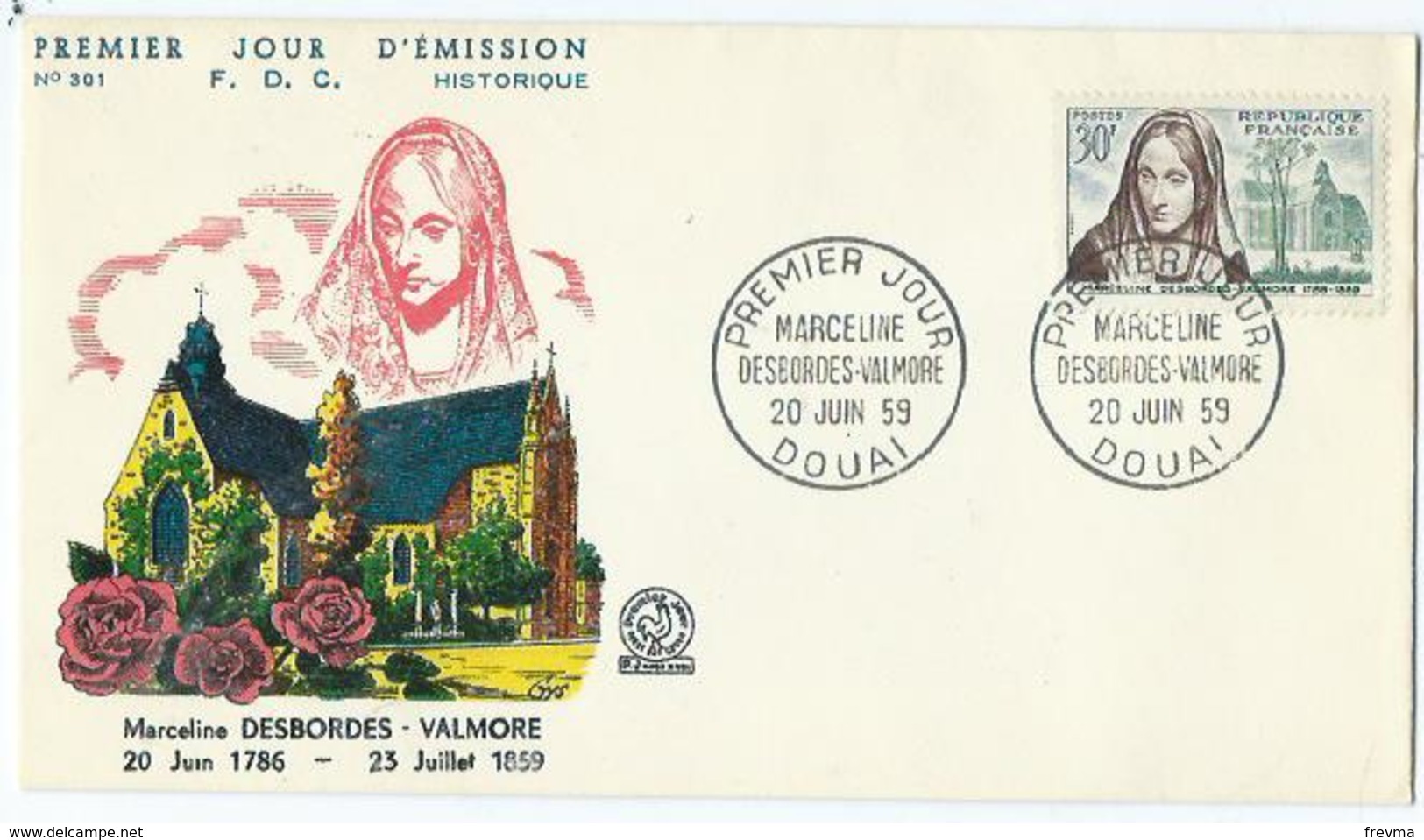 Enveloppe 1er Jour France FDC Marceline Desbordes Valmore1959 - 1960-1969