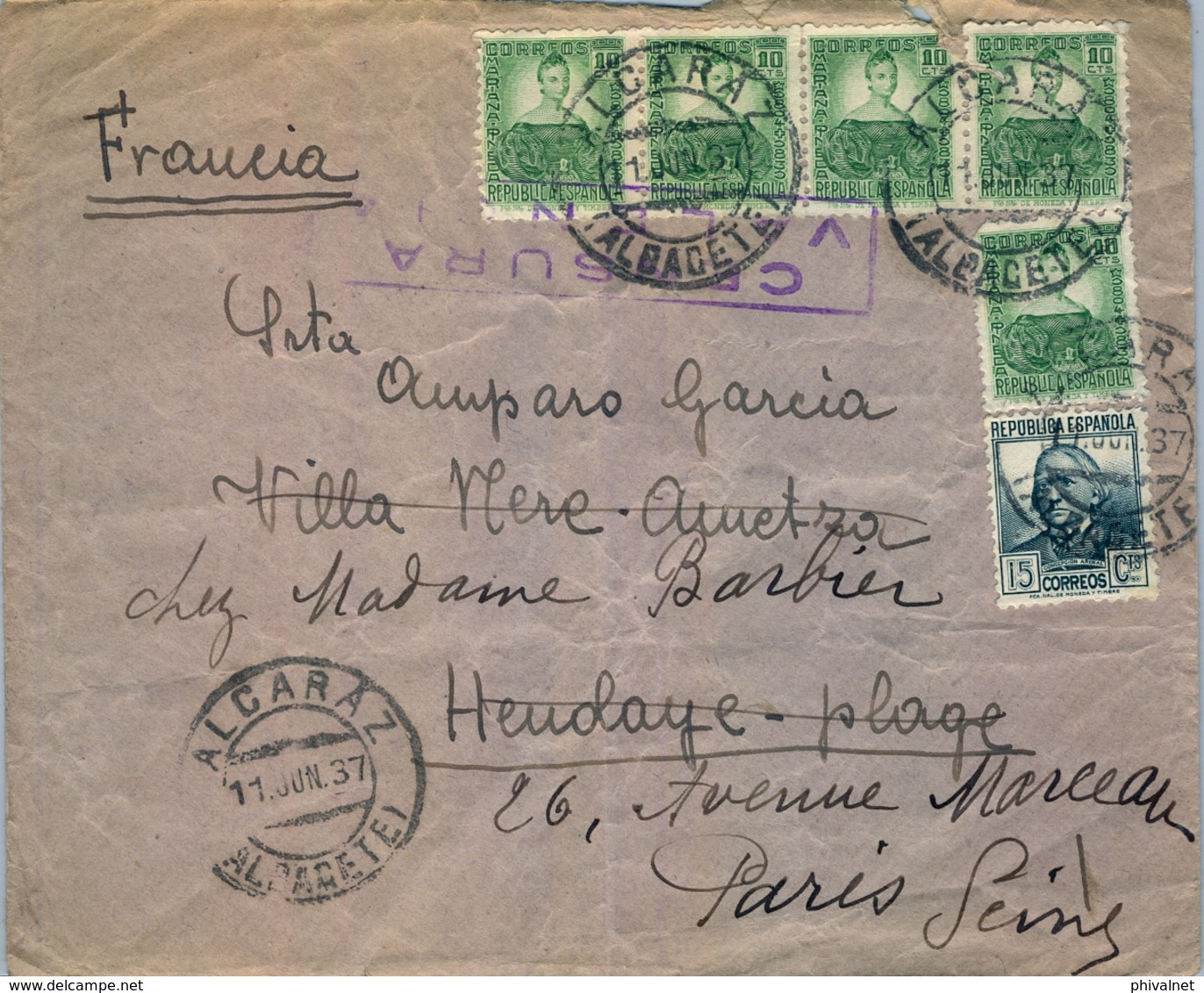 1937 , ALBACETE , SOBRE CIRCULADO ENTRE ALCARAZ Y HENDAYA , REDIRIGIDO A PARIS , LLEGADA AL DORSO, CENSURA - Brieven En Documenten