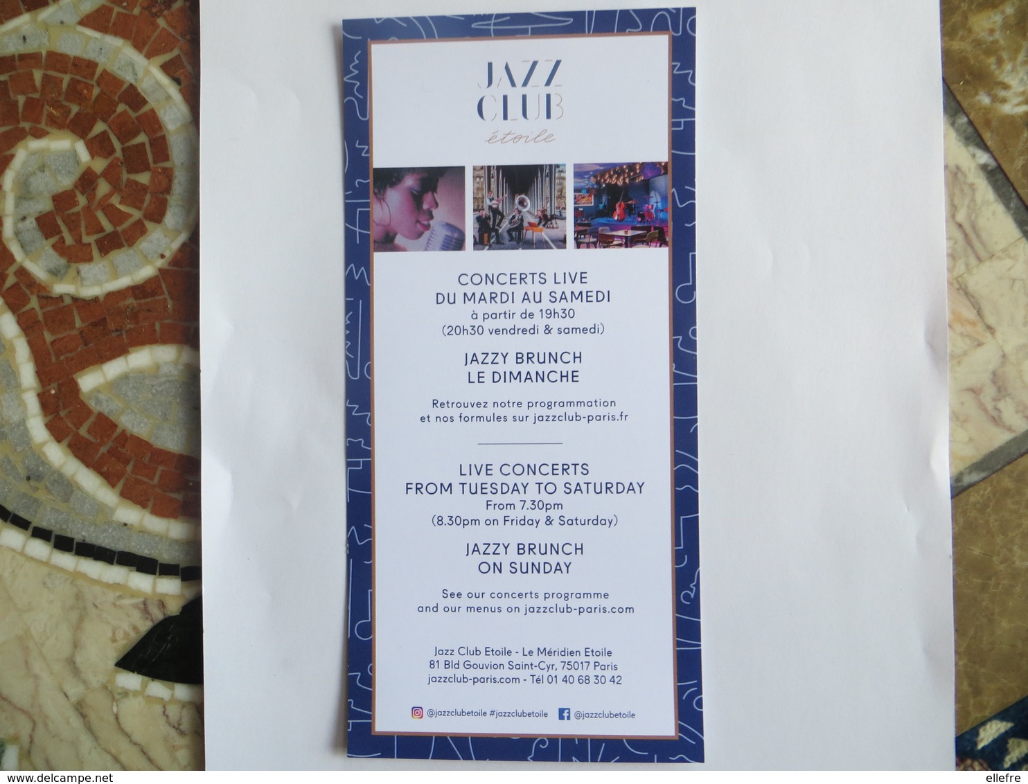 Carte Publicitaire  Hôtel Méridien Etoile JAZZ CLUB ETOILE Paris - Brunch Jazzy - Dos Vierge - Advertising