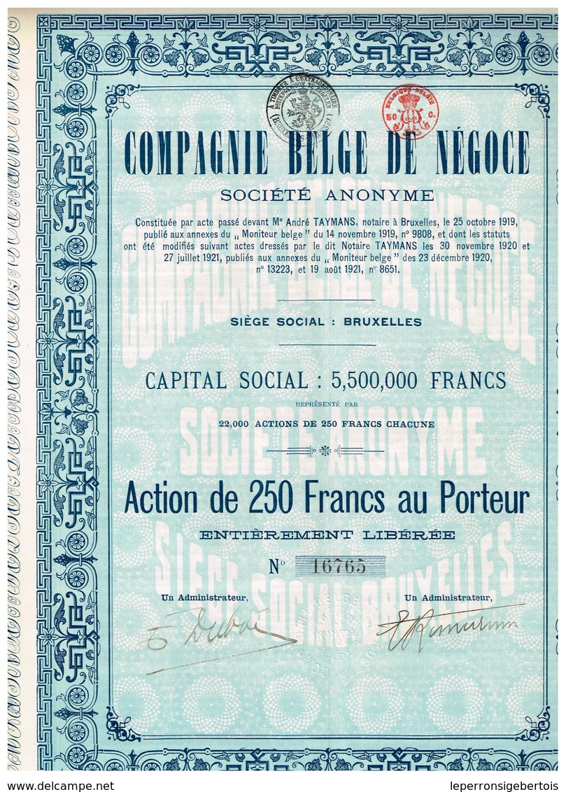 Titre Ancien - Compagnie Belge De Négoce Société Anonyme - Titre De 1921 - Autres & Non Classés