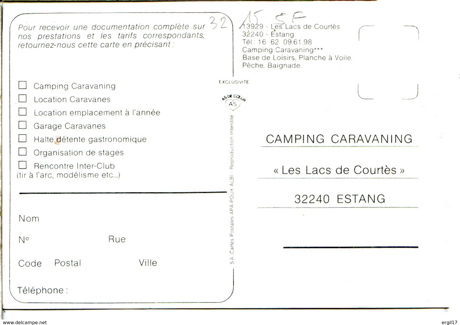 32240 ESTANG - Camping Caravaning Des Lacs De Courtès - Carte Publicitaire De L'établissement - Autres & Non Classés