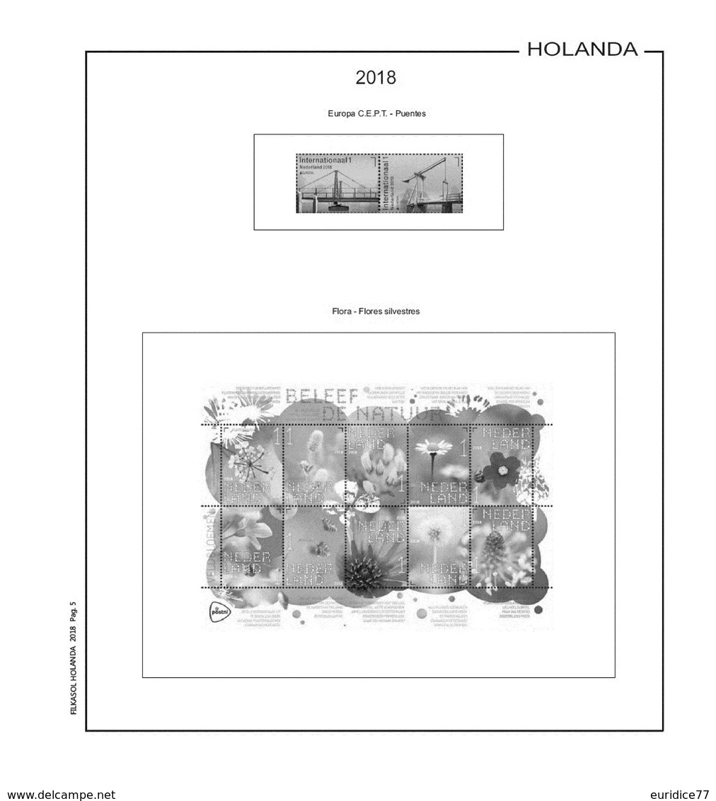 Suplemento Filkasol Paises Bajos 2018 - Ilustrado Para Album 15 Anillas - Pre-Impresas