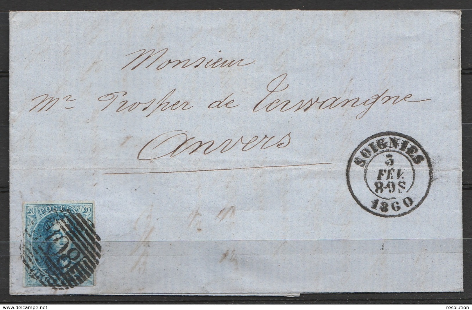 L. Affr. N°11A P108 Càd SOIGNIES /3 FEV 1860 Pour ANVERS (au Dos: Càd Arrivée ANVERS) - 1858-1862 Médaillons (9/12)