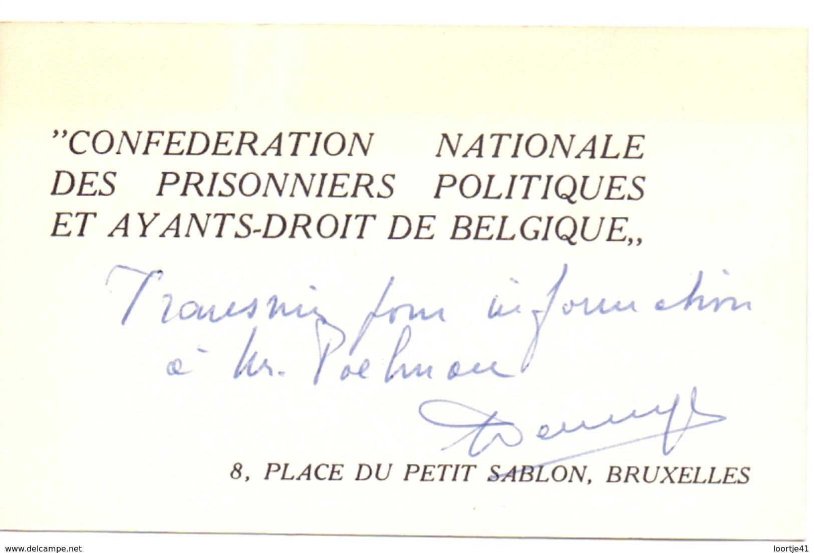 Visitekaartje - Carte Visite - Conféderation Des Prisonniers Politiques & Ayants Droit De Belgique - Bruxelles - Cartes De Visite