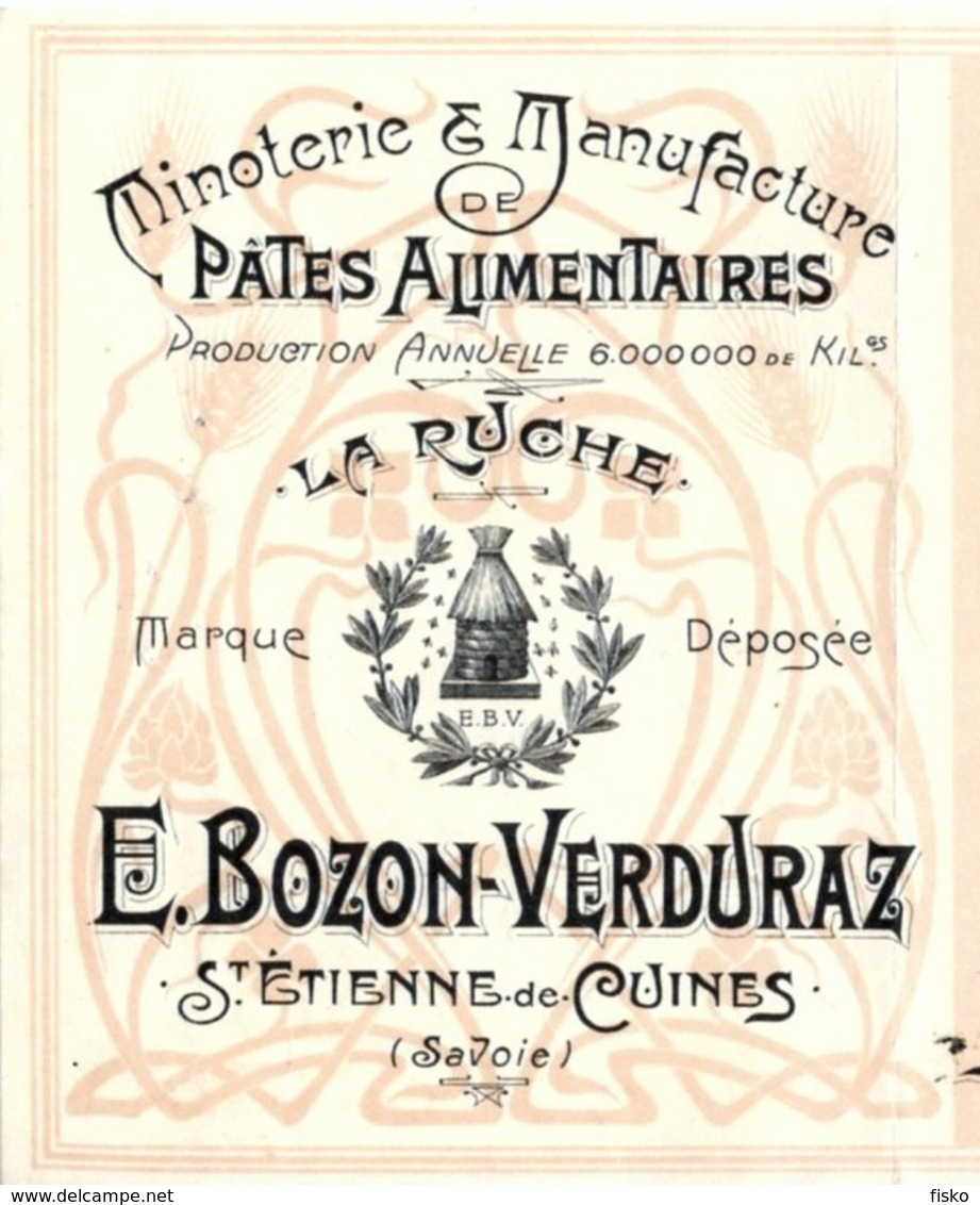 BOZON-VERDURAZ  Minoterie, Pates Alimentaires "La Ruche"  ST Etienne De Cuines 73  Illustration ART NOUVEAU  1905 - Lettres De Change