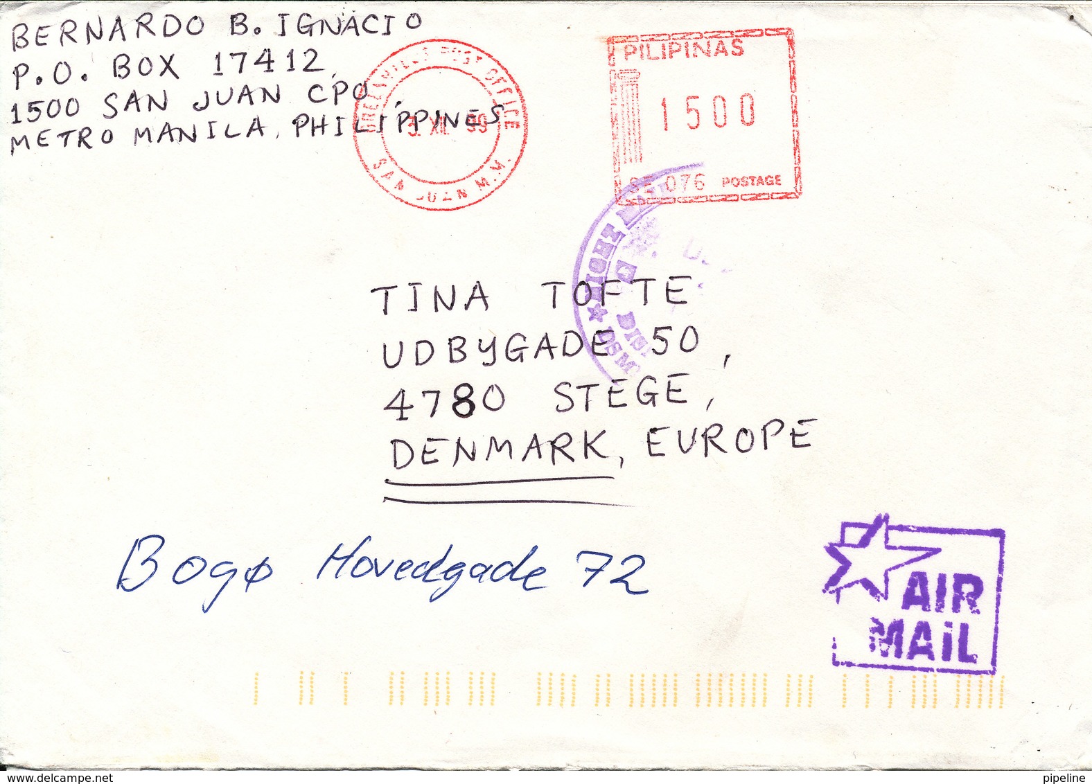 Philippines Cover With Meter Cancel Greenhills Post Office 3-12-1999 Sent Air Mail To Denmark - Philippines