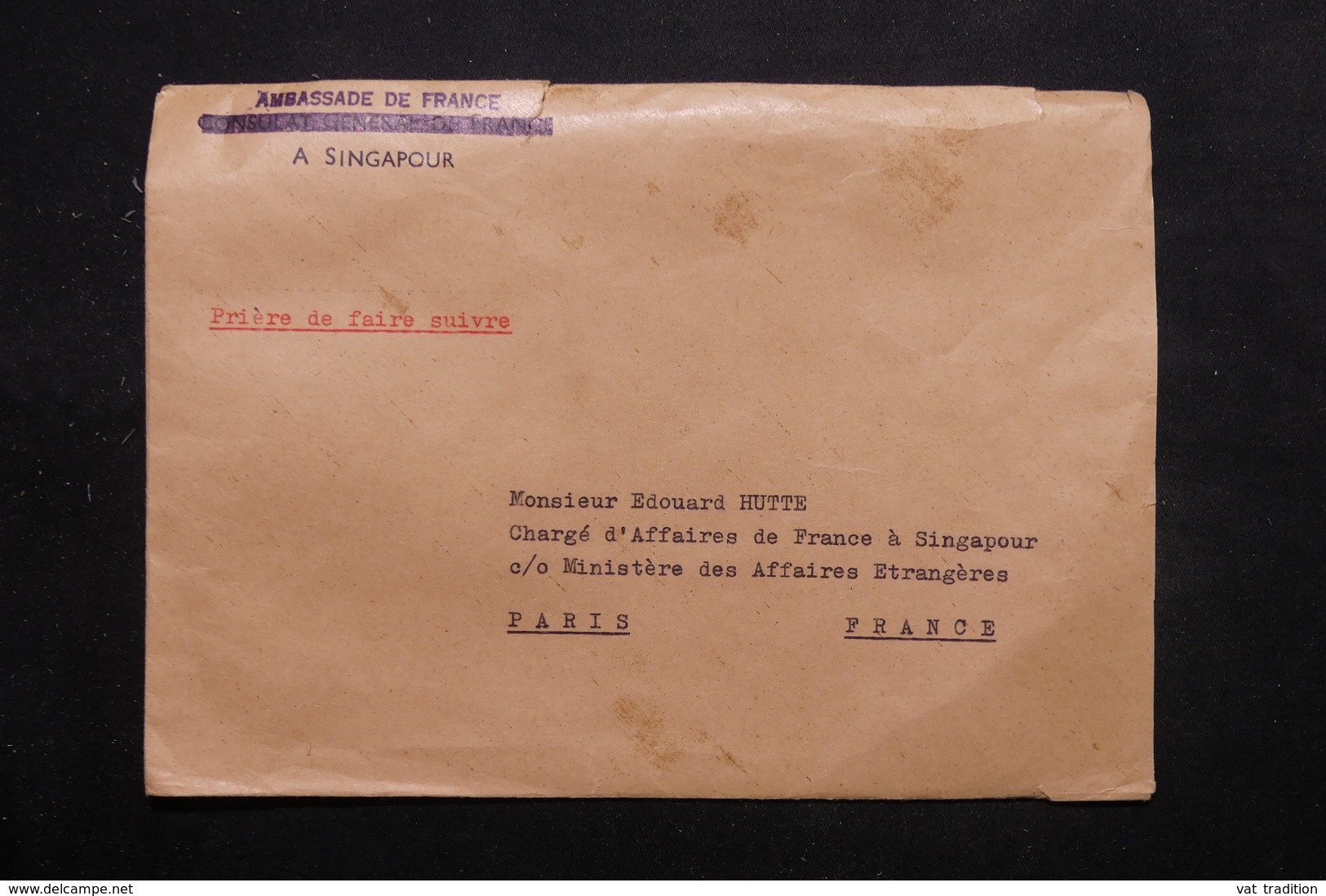 SINGAPOUR - Enveloppe De L 'Ambassade France à Singapour Pour Paris ( Valise Diplomatique) - L 27869 - Singapour (...-1959)