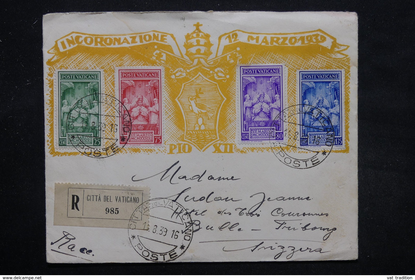 VATICAN - Enveloppe FDC ( Pie XII ) En Recommandé Pour La Suisse En 1939 - L 27872 - Lettres & Documents