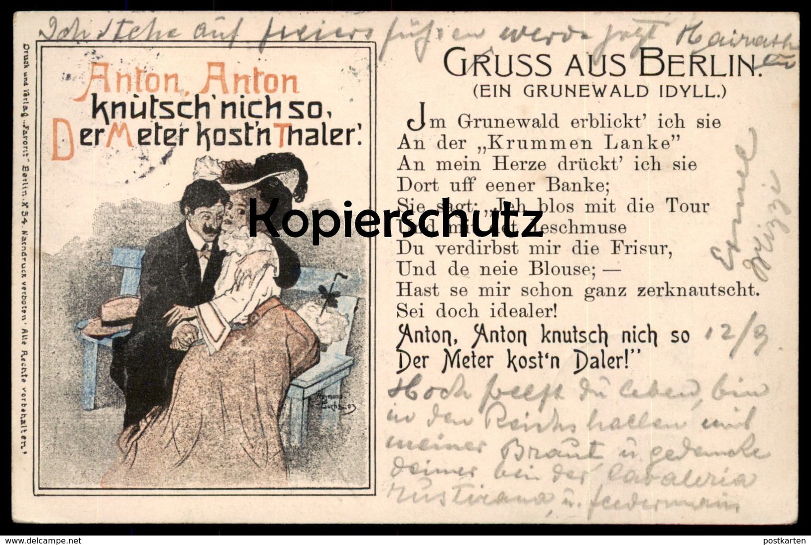 ALTE POSTKARTE GRUSS AUS BERLIN GRUNEWALD ANTON KNUTSCH Kuss Kiss Kissing Baiser Thaler Ansichtskarte AK Cpa Postcard - Grunewald