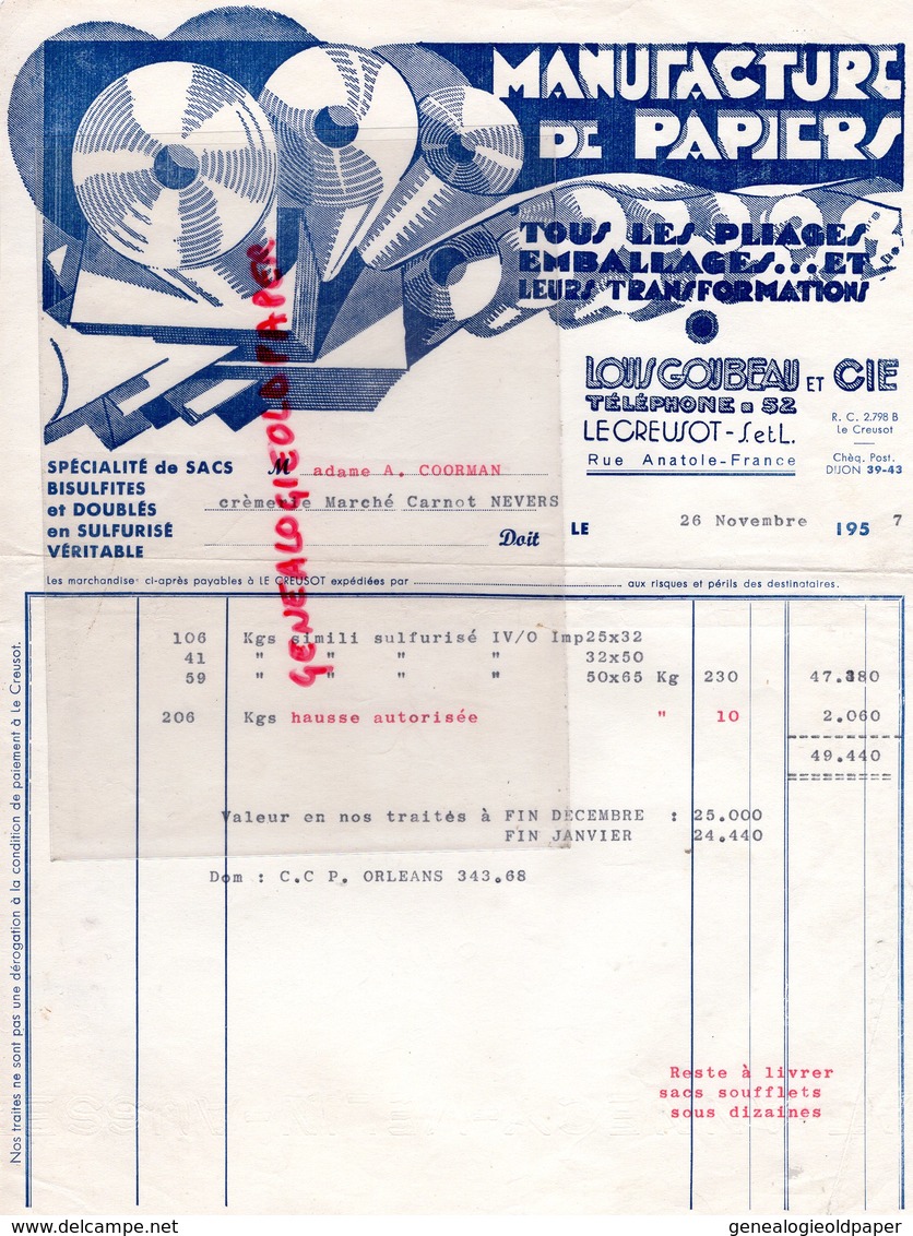 71- LE CREUSOT- FACTURE LOUIS GOUBEAU- MANUFACTURE PAPIERS-EMBALLAGE PAPETERIE IMPRIMERIE-1957 - Druck & Papierwaren