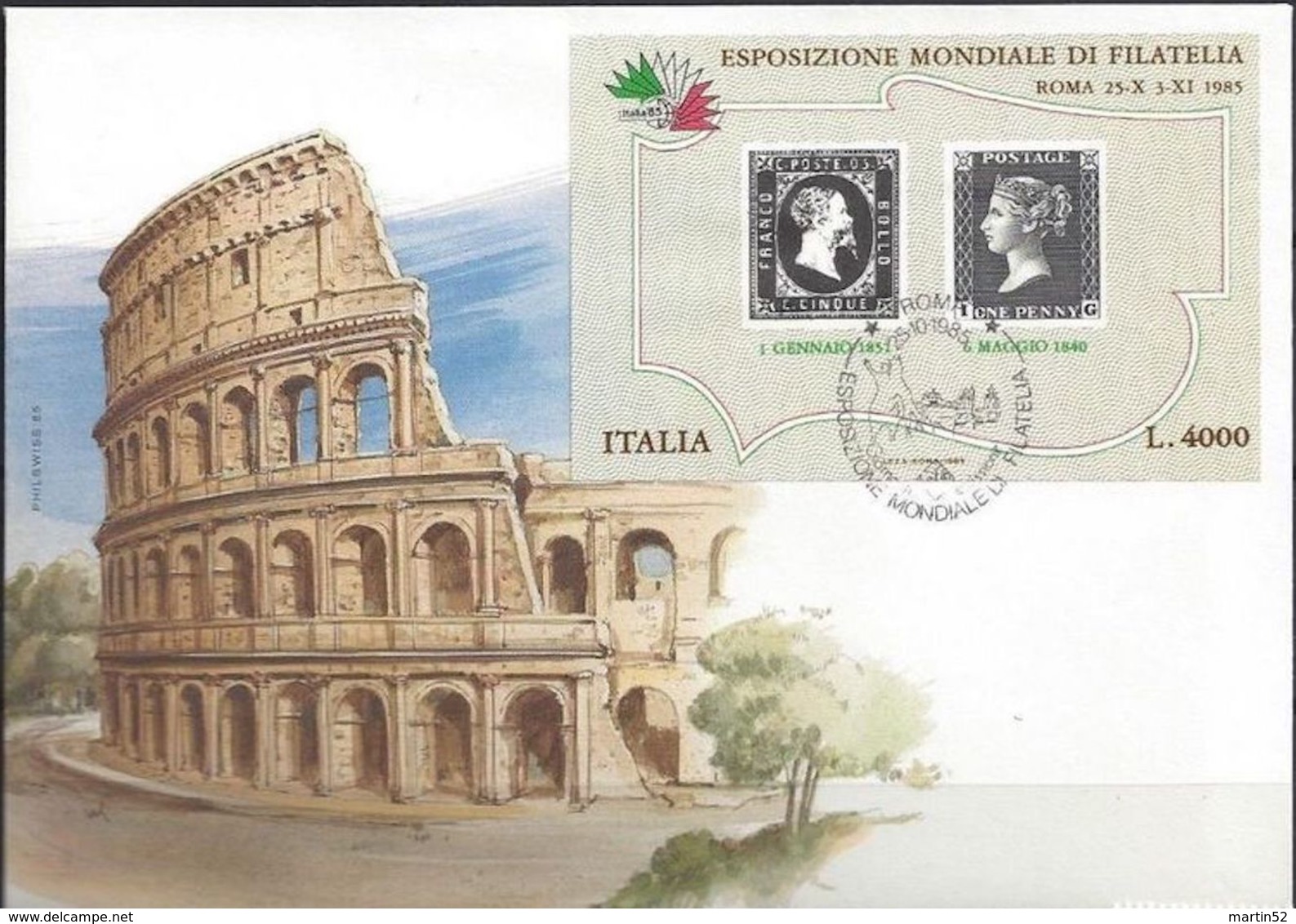 ITALIA 1985: ESPOSIZIONE MONDIALE DI FILATELIA (con No.1 Di Sardegna é Inghilterra) FDC Con O ROMA 25.10.1985 - Francobolli Su Francobolli