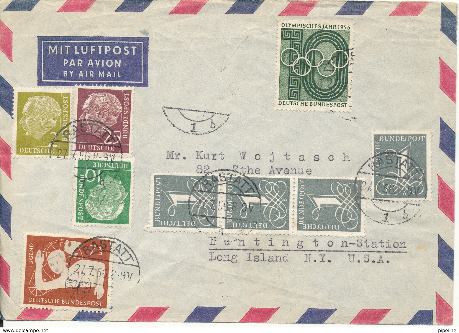 Germany Air Mail Cover Sent To USA Rastatt 27-7-1956 (a Stamp Or 2 Must Be Missing) - Covers & Documents