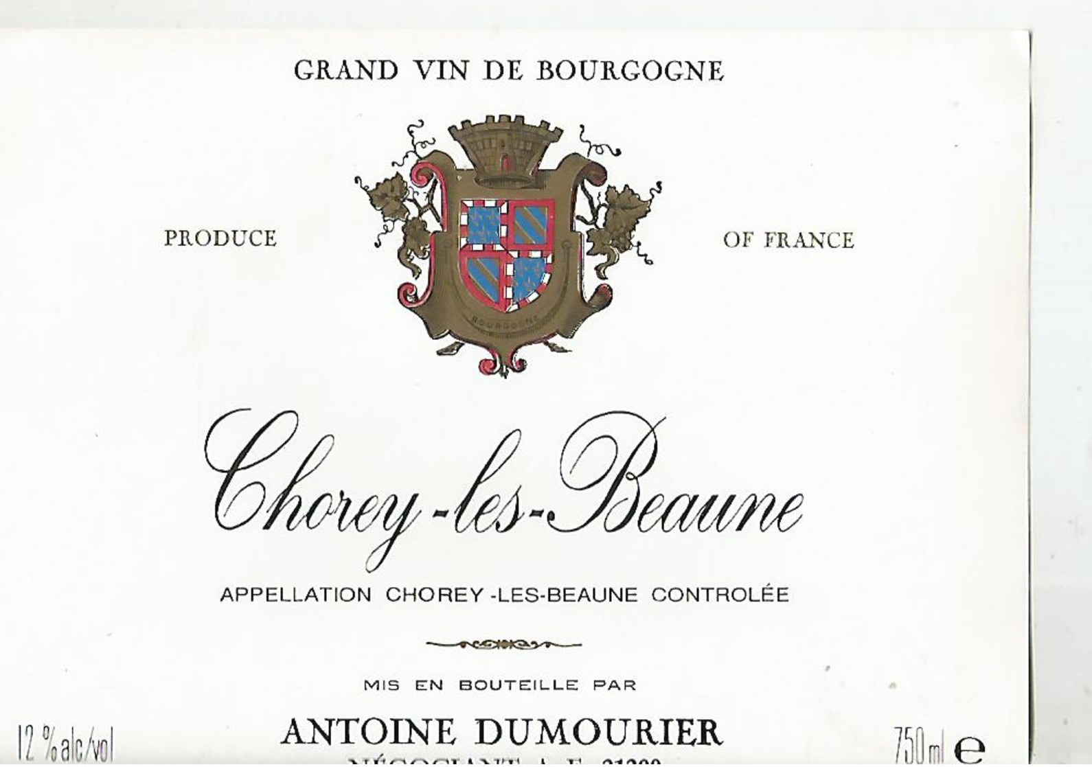 Etiquette Chorey Les Baume Antoine Dumourier - Bourgogne