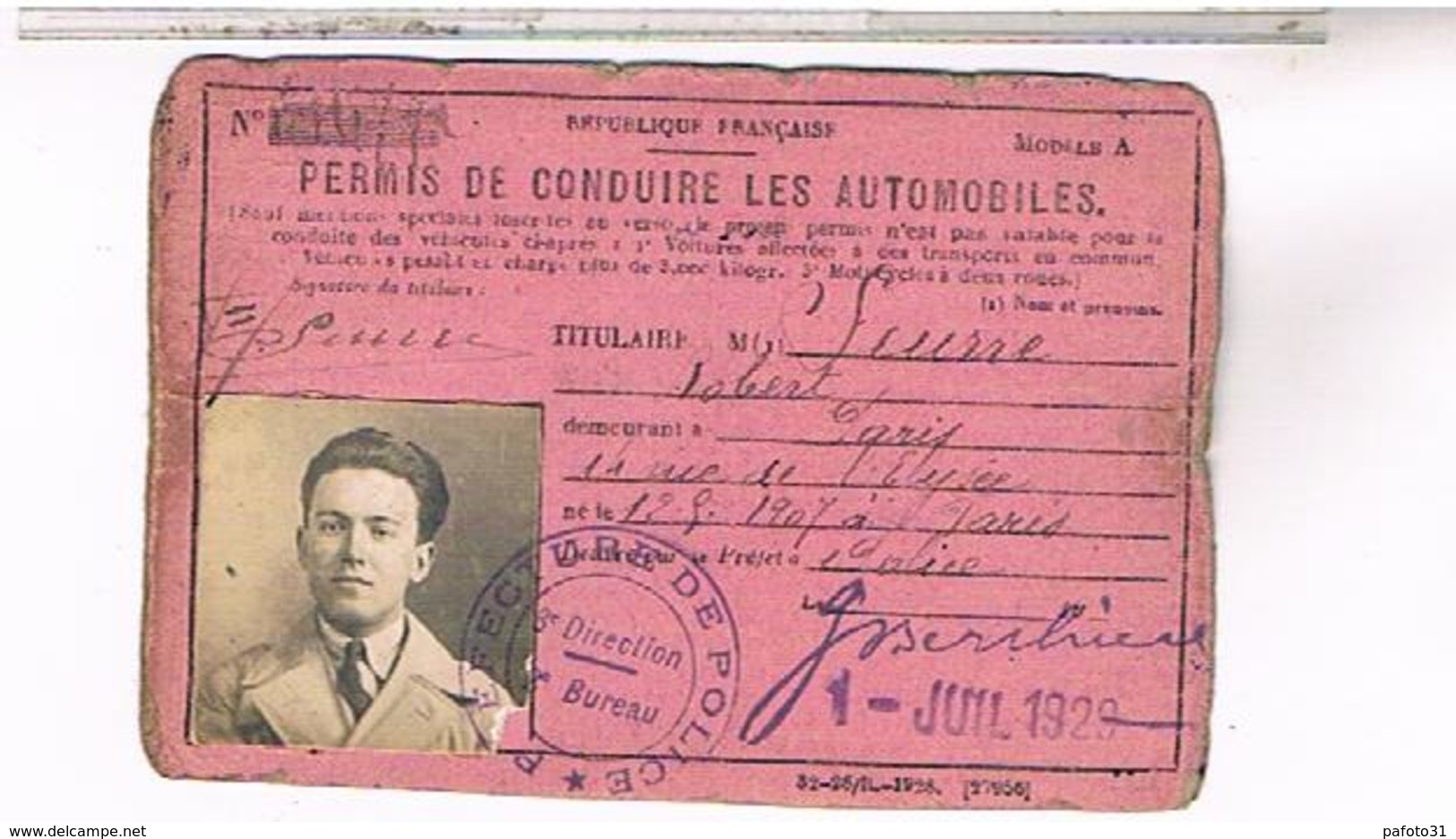 PERMIS DE CONDUIRE LES AUTOMOBILES PARIS 1929   LOTE57 - Documents Historiques