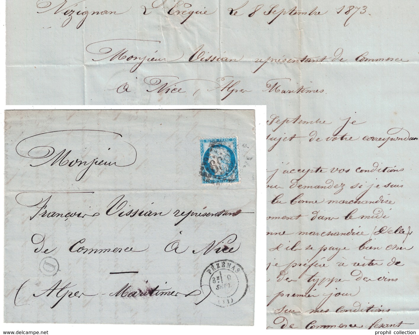 1873 - BOITE RURALE D De NEZIGNAN L'ÉVÈQUE (HÉRAULT) + CAD PEZENAS Sur LETTRE LAC AFFRANCHIE CERES 60 Pour NICE - 1849-1876: Classic Period