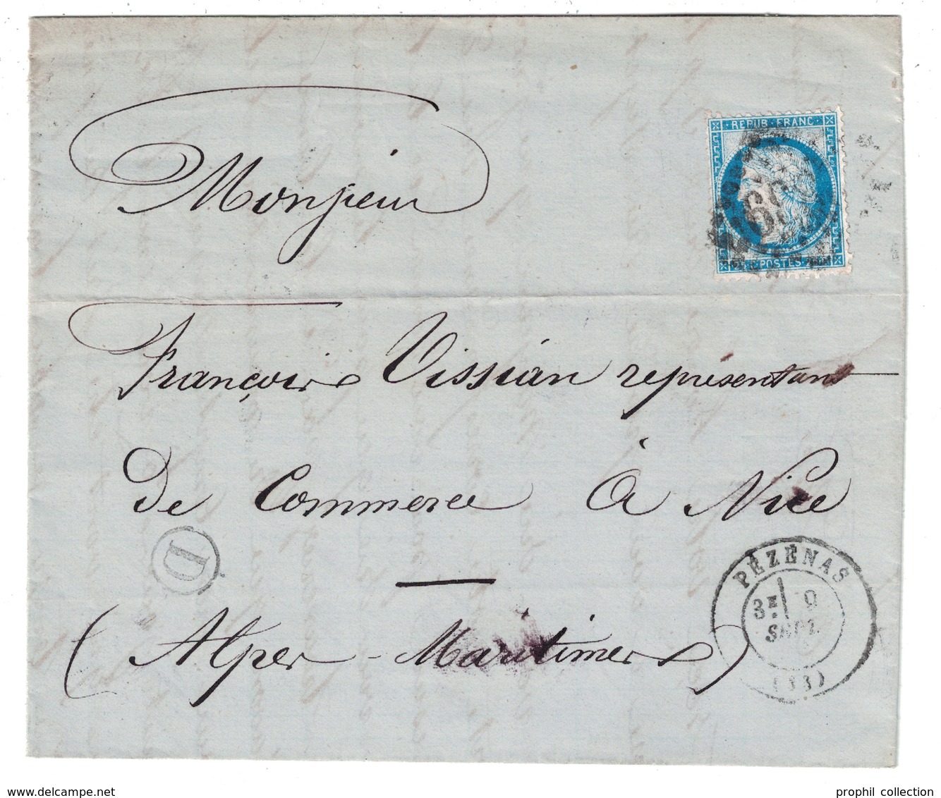 1873 - BOITE RURALE D De NEZIGNAN L'ÉVÈQUE (HÉRAULT) + CAD PEZENAS Sur LETTRE LAC AFFRANCHIE CERES 60 Pour NICE - 1849-1876: Classic Period