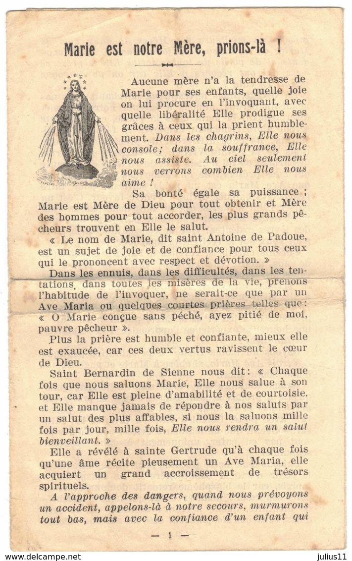 1927 MARIE EST NOTRE MERE PRIONS LA BELLE PRIERE A LA SAINTE VIERGE IMAGE PIEUSE HOLY CARD SANTINI HEILIG PRENTJE - Imágenes Religiosas