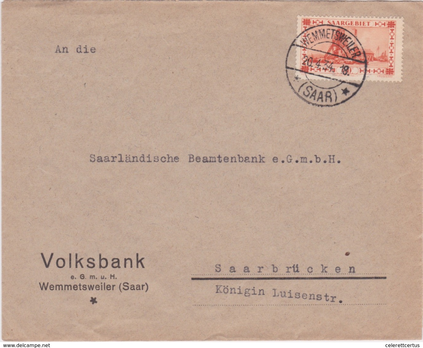 Saar-1934 French Period 80 Cents Orange Red Coal Mine Wemmetsweiler Letter Cover To Saarbrucken - Storia Postale