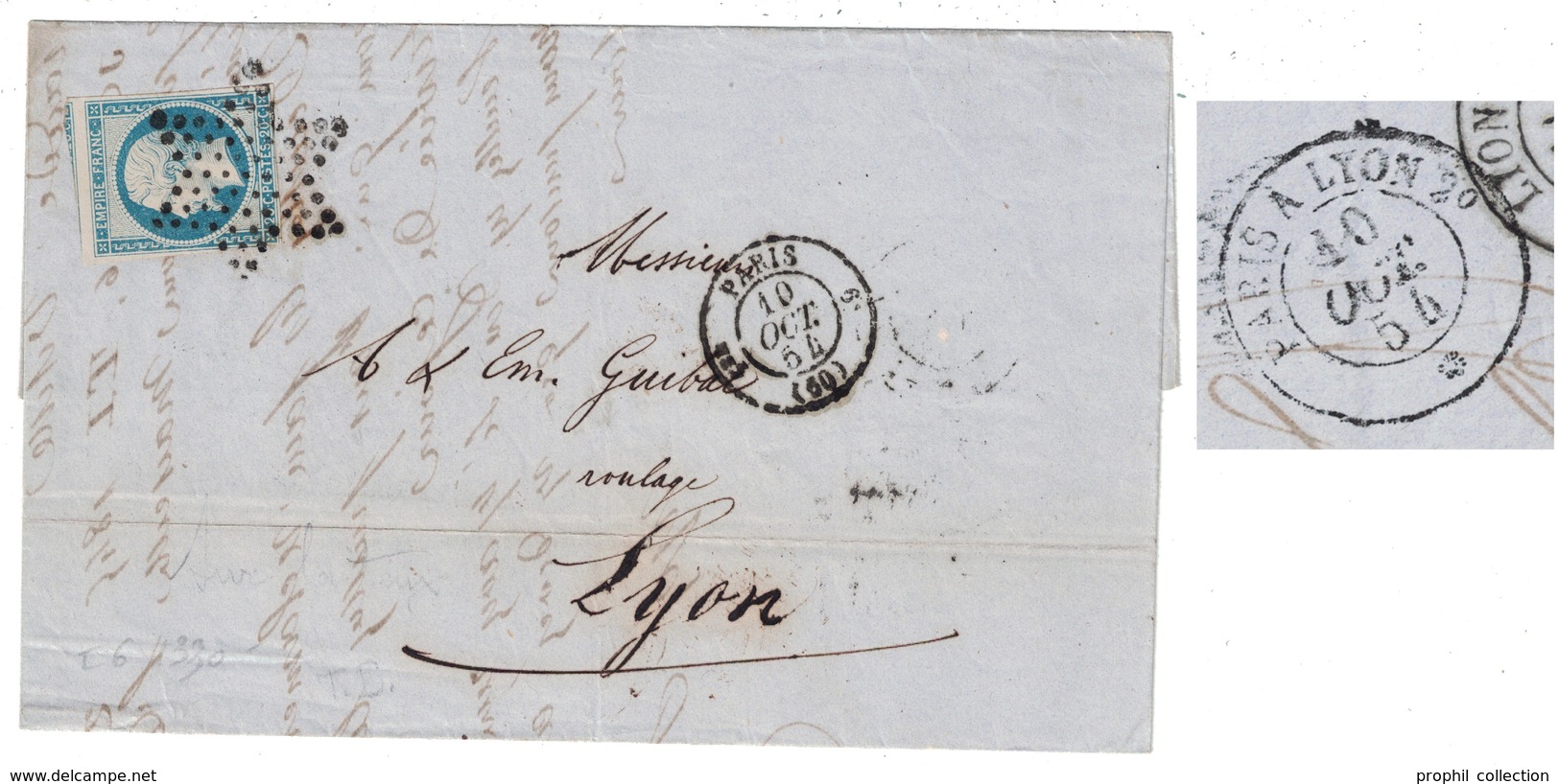 1854 - PEU COURANT CACHET D'AMBULANT " PARIS À LYON 2° * " Au DOS D'UNE LAC AFFRANCHIE NAPOLEON 14 + CAD DE ROUTE - 1877-1920: Période Semi Moderne