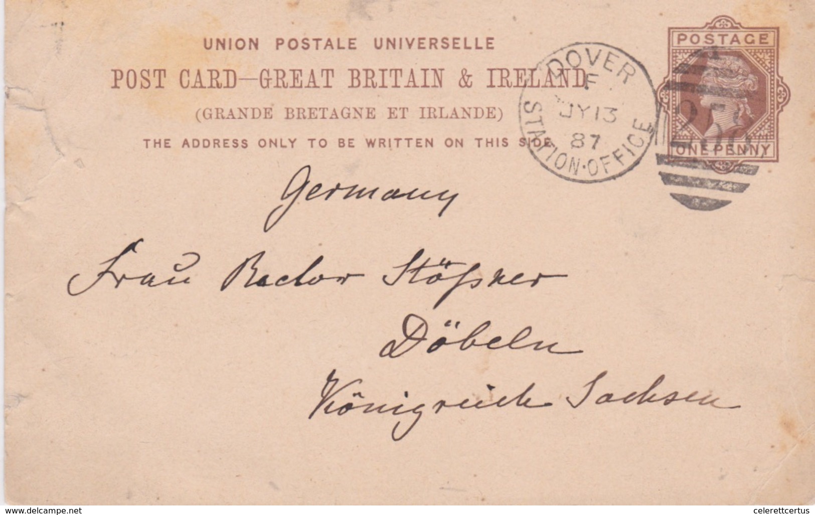 Great Britain-1887 1d Brown UPU Postal Stationery Postcard Dover Railway Station-Office Cover To Dobeln, Germany - Covers & Documents