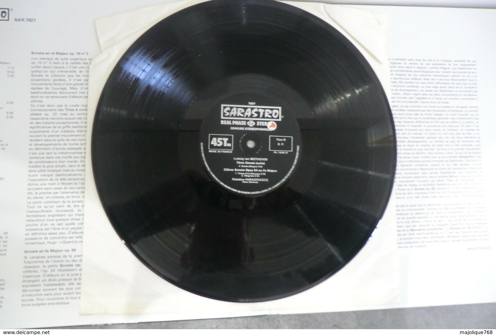 disque-Théodore paraskivesco - sonate N°7 opus de beethoven - sarastro sar 7927 - 45 LP - 1978 sous plastique -